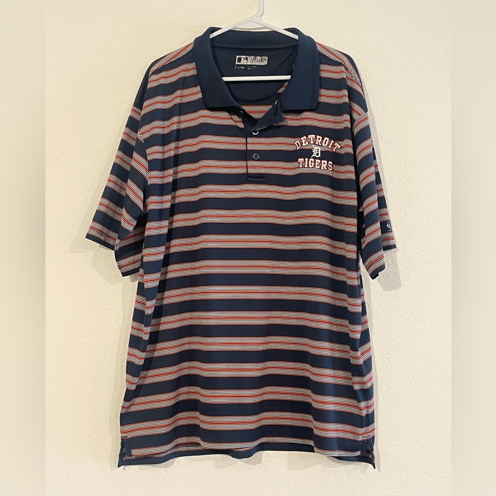 Detroit Tigers Striped Polo Shirt - Navy and Orange